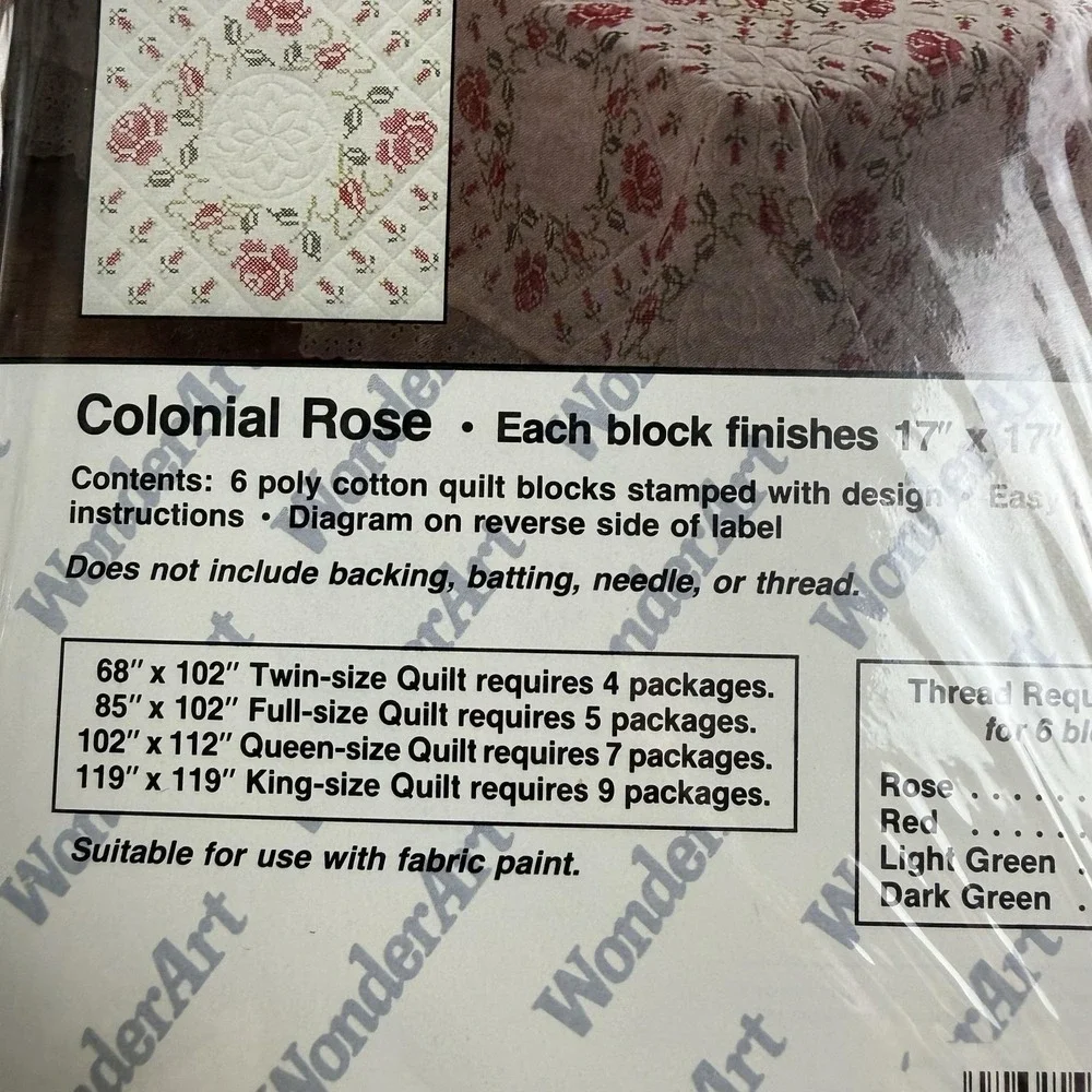 WonderArt Colonial Rose Quilt Block Kit 6 Stamped 17x17 Blocks USA Craft OPEN